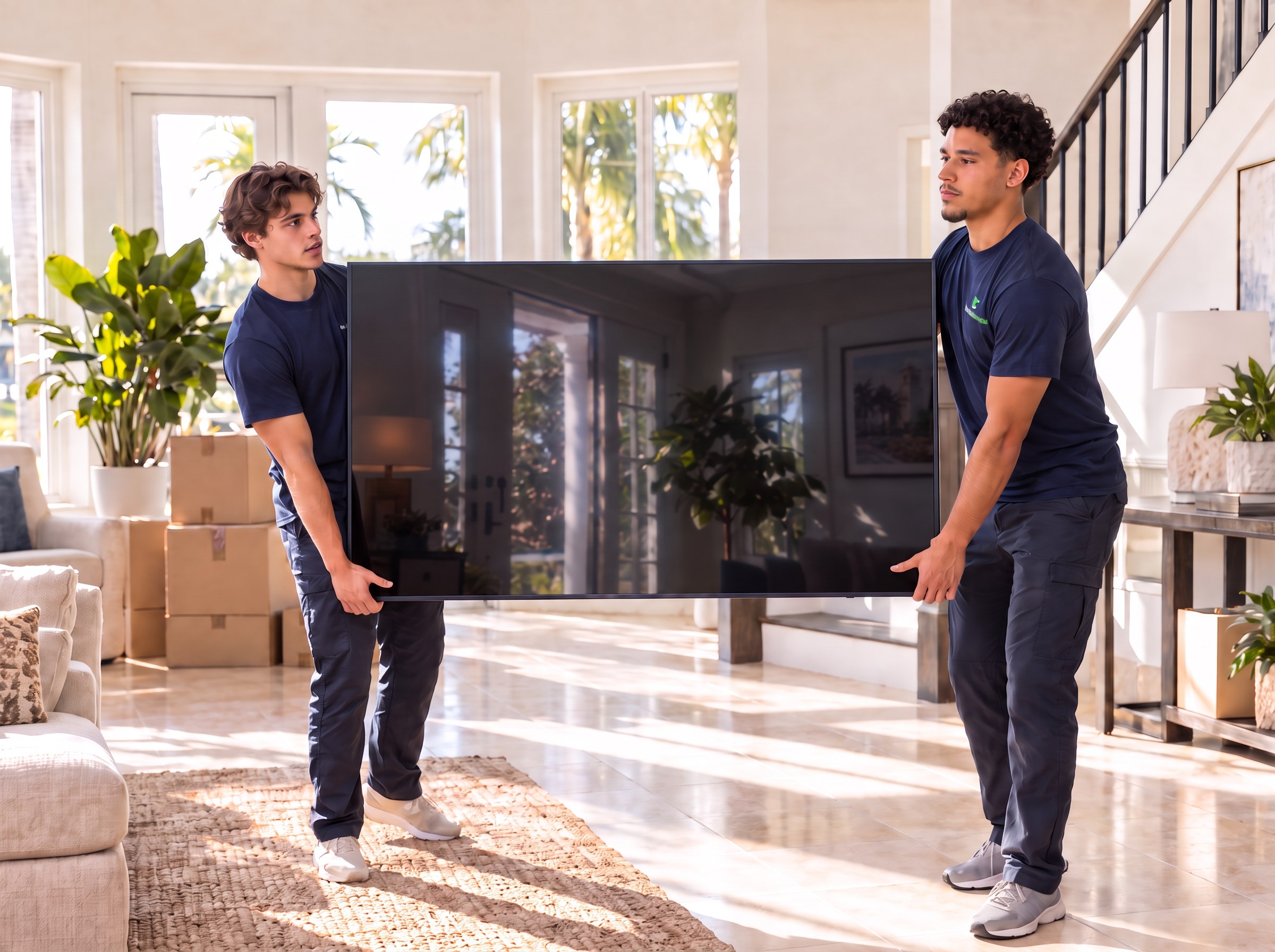 Ave Maria Moves team carefully carrying a large television inside a home